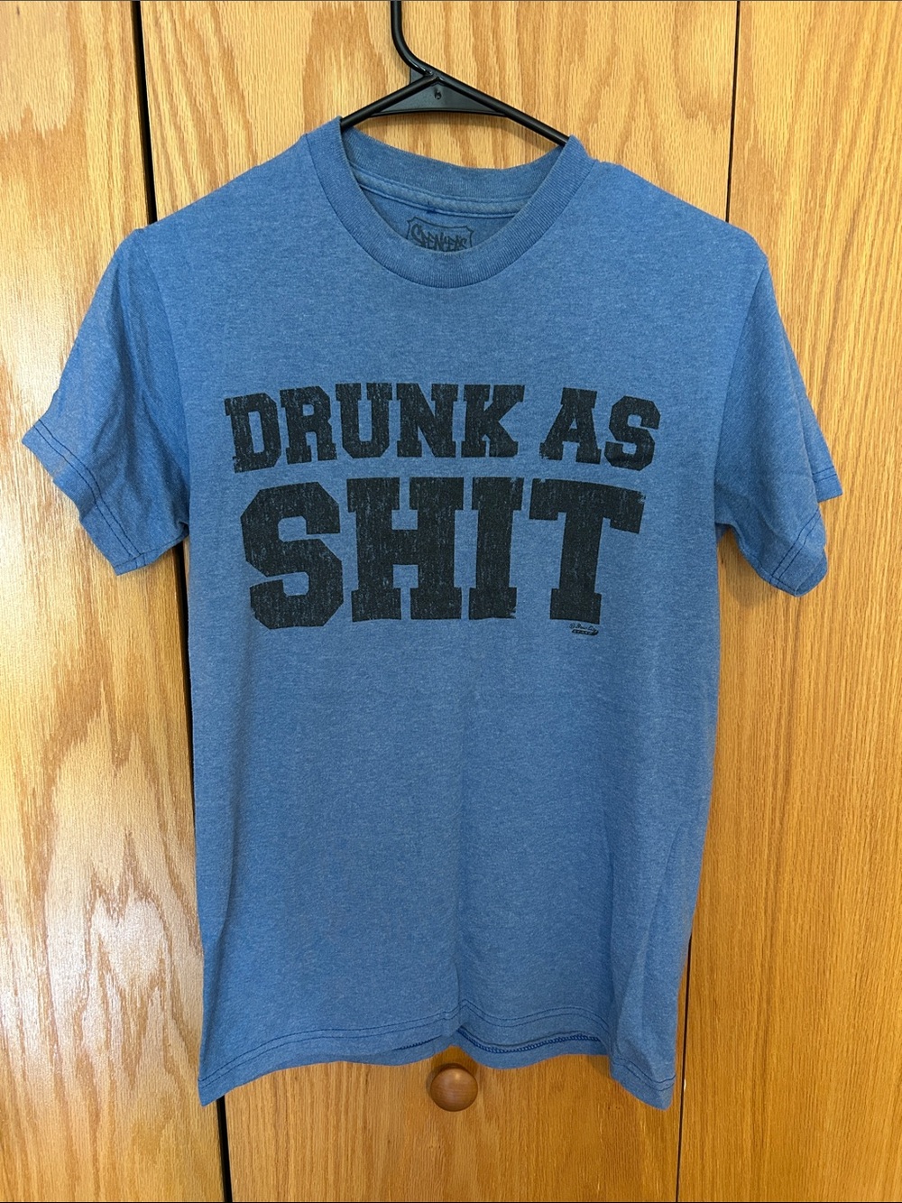 Spencer's Blue Tee with Bold Black 'DRUNK AS SHIT' Graphic small
